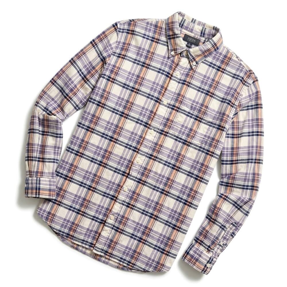 JACHS Plaid Double Cloth Button Down Shirt Orange Blue Cream Cotton Mens Large
